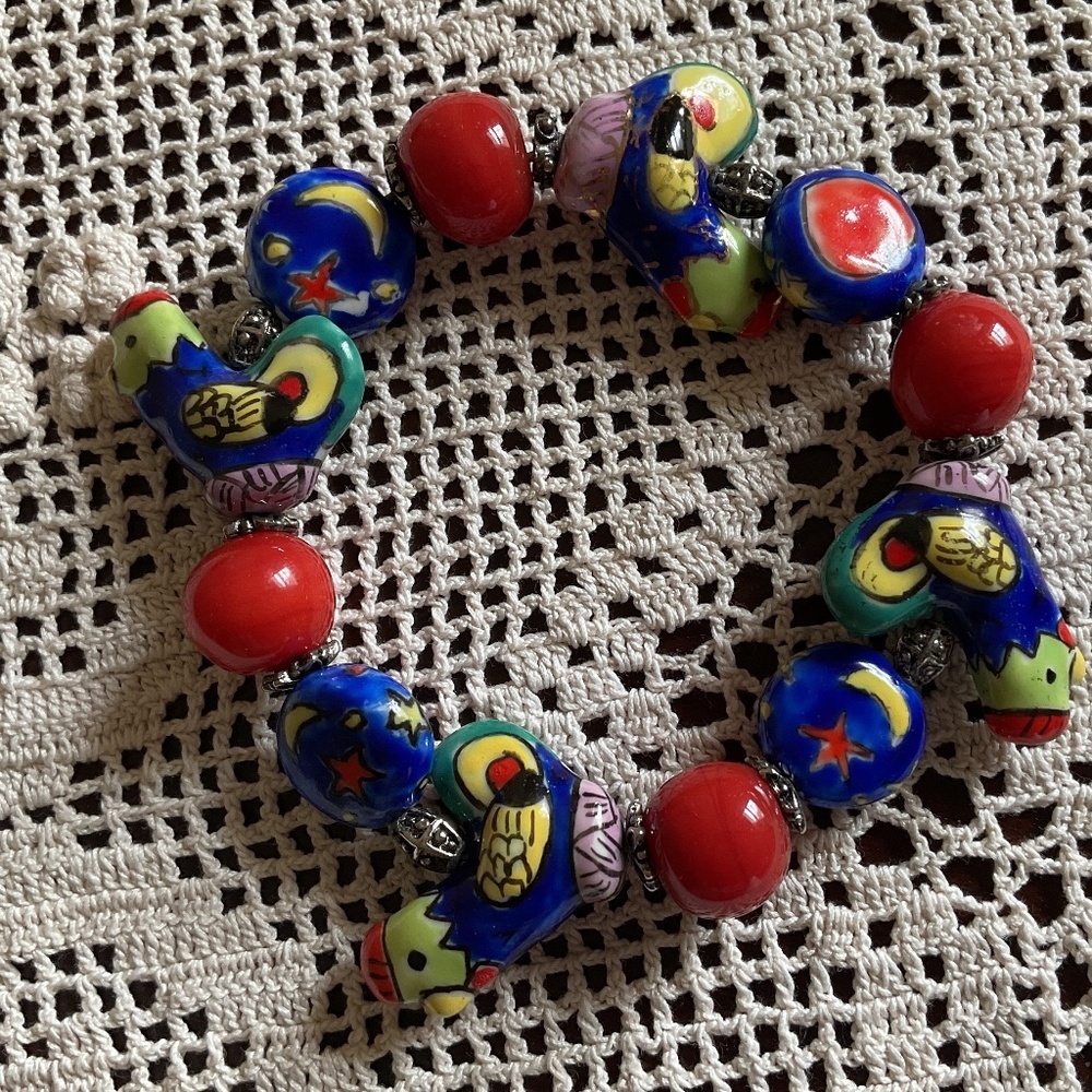 NWOT CERAMIC HAND MADE MULTICOLOR BEADS STRECH BRACELET - Picture 3 of 11